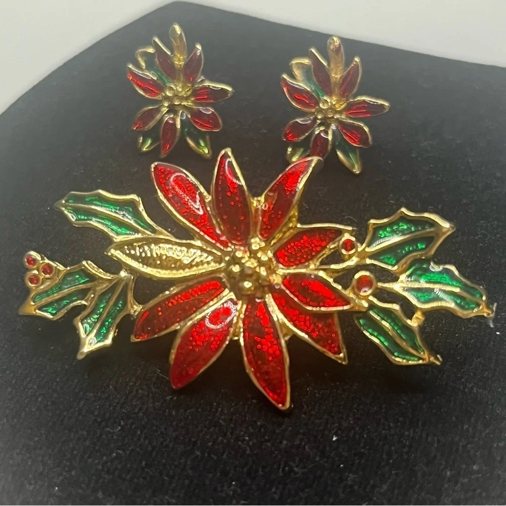 Vintage Festive Red and Green Poinsettia earrings and brooch.
